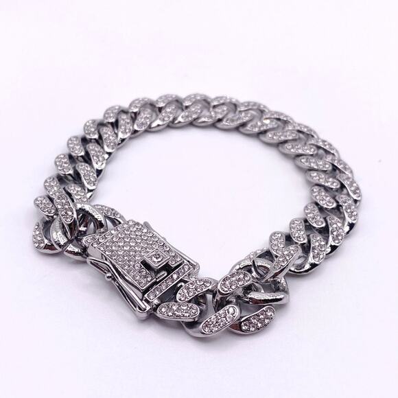 Silver Tone Cuban Link Full Rhinestones Pave Alloy Bracelet - Picture 3 of 6